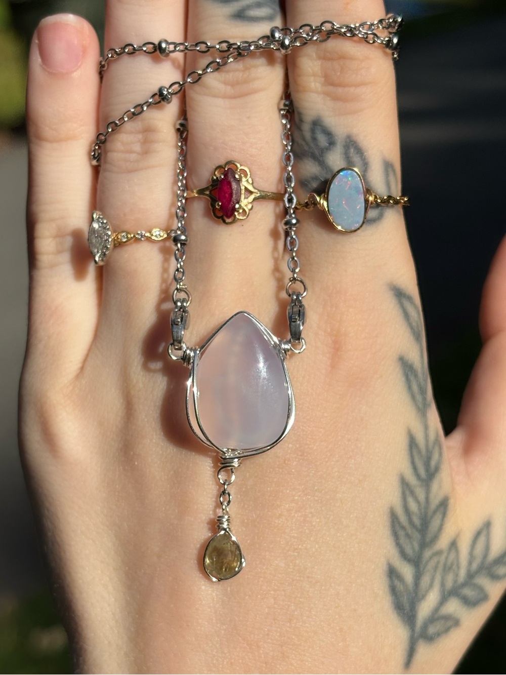 Chalcedony and peridot double dangle interchangeable necklace